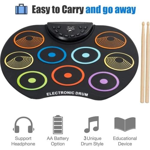 Flexible,Completely Portable Electronic Drum Set, Roll Up Drum Practice Pad with Headphone Jack Pedals 12 Hours Play time