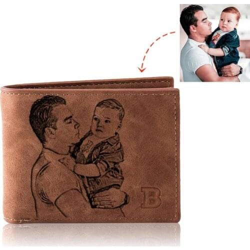 Photo Wallet Men Retro Customize Multifunction Short Pu Leather Bifold Customized Picture Carving Text Purse Fathers Day Gift