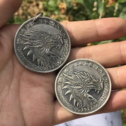 US HOBO 1921 Dragon Skull Zombie Skeleton Metal Badge Hand Carved Morgan Commemorative Coin Necklace