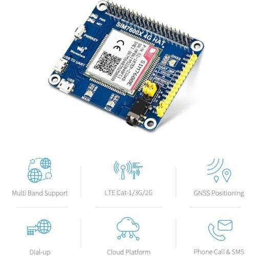 SIM7600E LTE Cat-1 3G / 2G / GNSS HAT Module for Raspberry Pi, Applicable in Europe, South/ West Asia, Africa, South Korea