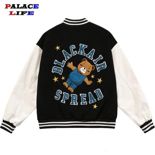 Letter Bear Embroidery Baseball Jacket Coat Men 2021 Hip Hop Streetwear Varsity Bomber Jacket College Fashion Harajuku Outwear