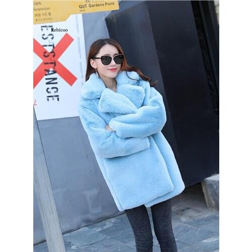 New Winter Women Rabbit Fur Coat Women Thick Warm Turn Down Collar Faux Fur Jacket Fashion Fluffy Loose Parka