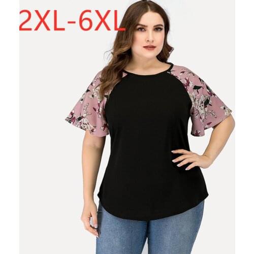 New 2021 summer plus size tops for women large blouse short sleeve loose casual floral print pink black shirt 3XL 4XL 5XL 6XL