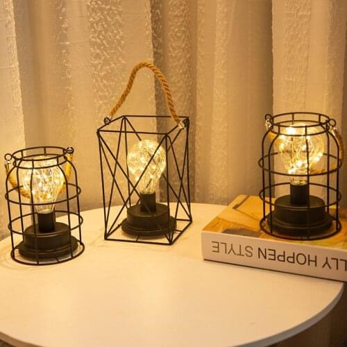 New Creative Iron Art Lantern Night Lights Battery Powered Portable Minimalist Hollow LED Table Desk Light Bedroom Bedside Lamp