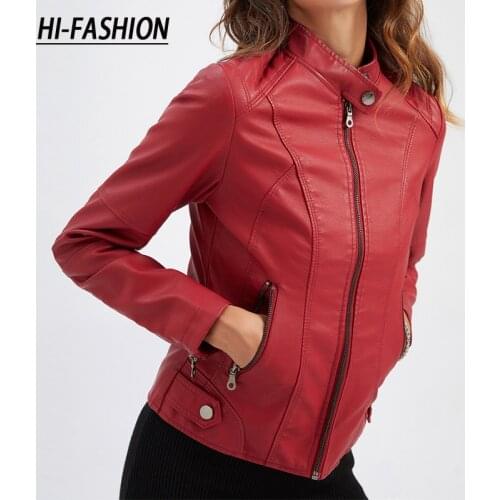 HI-FASHION Autumn Zipper Casual Women Leather PU Jacket Soft Solid Motorcycle Leather Coat Fashion Streetwear Lady Slim Jacket