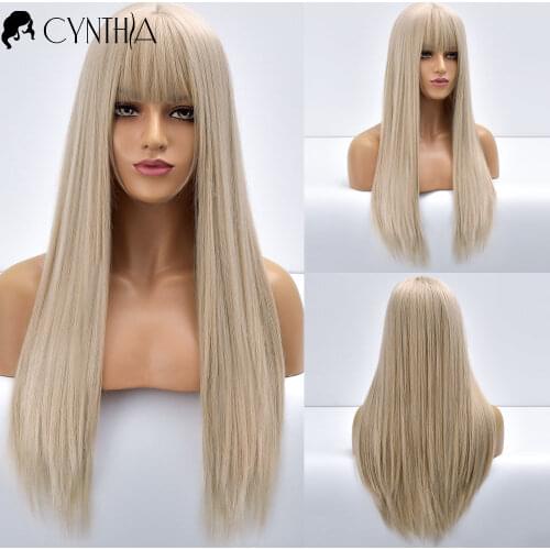 Long Gold Straight Blonde Daily Synthetic Wig With Bangs For Black White Women Heat Resistant Natural Fake Hair Cosplay Wigs