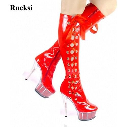 Rncksi Lace Up Girl Party Queen Zipper Chick Heels Platform Womens Boots Dance Shoes 15cm Heels High Knee High Boot