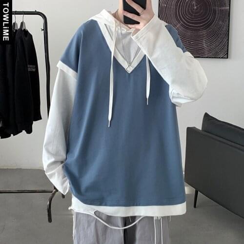 Spring New Mens Casual Fake-Two Piece Hoodies Hip Hop Streetwear Casual Hooded Sweatshirts Women Oversize Long Sleeve Pullovers