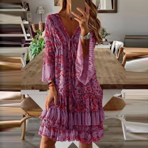 Robe Vintage Décontractée Pour Femmes, Ample, Col en V, A Volants, Vacances, Manches Longues, Eégante, Imprimé Rétro, Streetwea