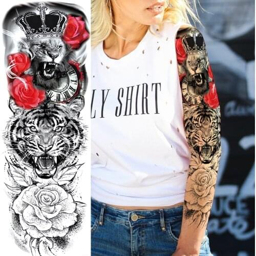Realistic 3D Lion Tiger Crown Temporary Tattoos For Men Women Body Art Full Arm Sleeve Tatoo Rose Waterproof Fake Tattoo Sticker