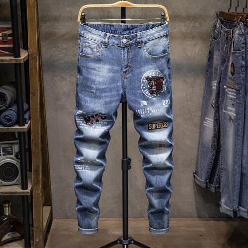 Embroidery stitchwork Boutique European Men Brand Slim Jeans Denim Trousers Stretch Blue Patchwork Hole Pants For Men Ripped