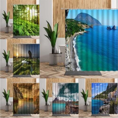 Natural Landscape Shower Curtain Set 3D Bath Curtains Summer Green Forest Tree Sea Scenery Waterproof Fabric Home Bathroom Decor