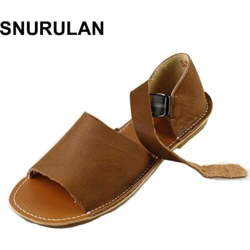 SNURULAN Womens Sandals Summer Shoes 100% Authentic Leather Ankle Strap Sandals Ladies Flat Shoes Female Footwear