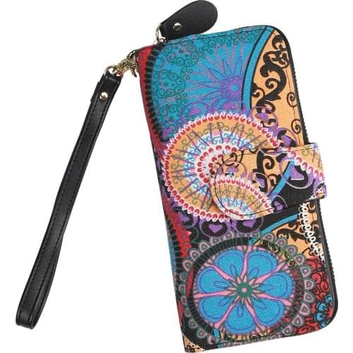 Womens Long Wallet Bohemian Canvas Wallet Zipper Buckle Womens Small Square Bag