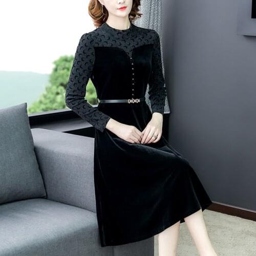 2021 Autumn Winter Gold Velvet Midi Dresses Vintage Korean 4XL Plus Size Long Sleeve Dress Elegant Women Bodycon Party Vestidos