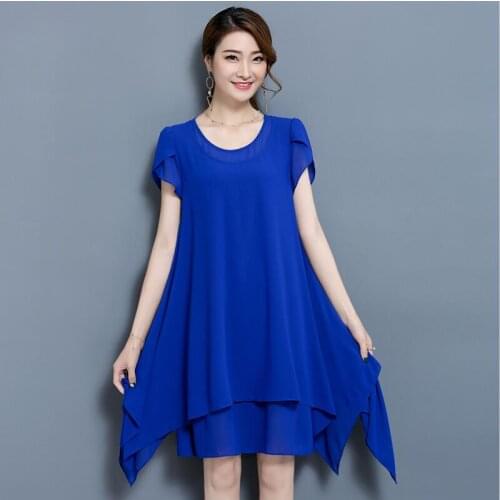 Plus size L-5XL Summer Dress 2020 New Womens Chiffon Dress,fashion asymmetric brand ruffles dress ruffles black blue