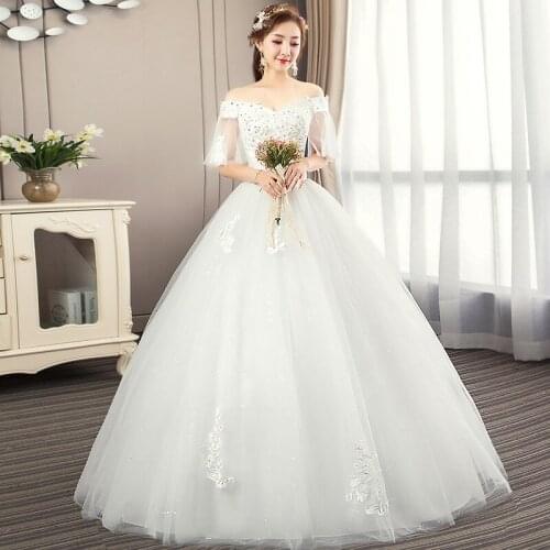 Boat Neck Wedding Dress Lace Up New Bride Embroidery Wedding Dresses Female Dream Princess Dresses Ball Gowns