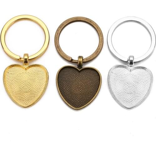 2pcs Metal Blank Glass Cabochon Base Heart Pendants Setting Cameo Keychain Key Rings Base Craft Diy Jewelry Making Accessories
