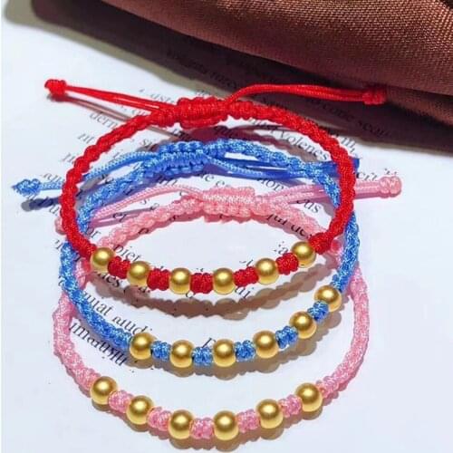Pure 24K Yellow Gold Women Bracelet Luck 6pcs Round Beads Weave Bracelet Best Gift
