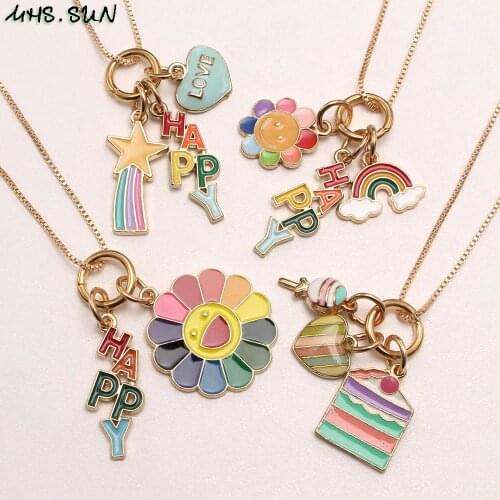 MHS.SUN Cute Flower/Rainbow/Heart/Cake Charming Pendants Necklace Girls Child Chain Necklace Fashion Alloy Jewelry 1Pc