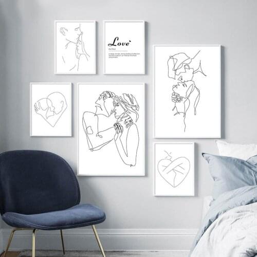 Line Drawing Couple Kiss Abstract Poster Wall Art Canvas Print Black White Simple Home Decor Painting Decorative Picture Modern