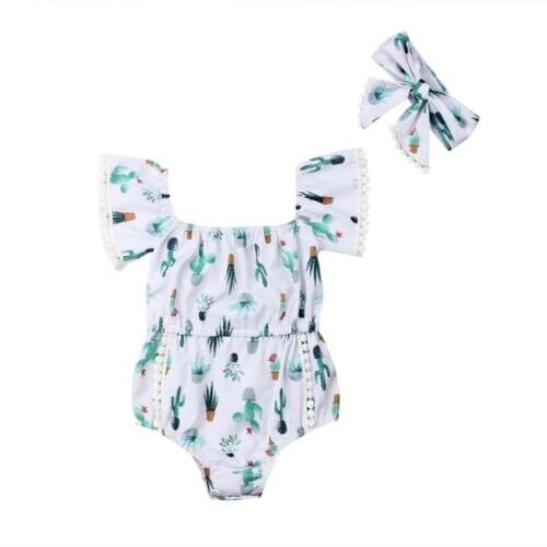 Baby Romper Newborn Baby Girls cactus Print Short Sleeve Romper Jumpsuit Headband Outfits Set Sunsuit