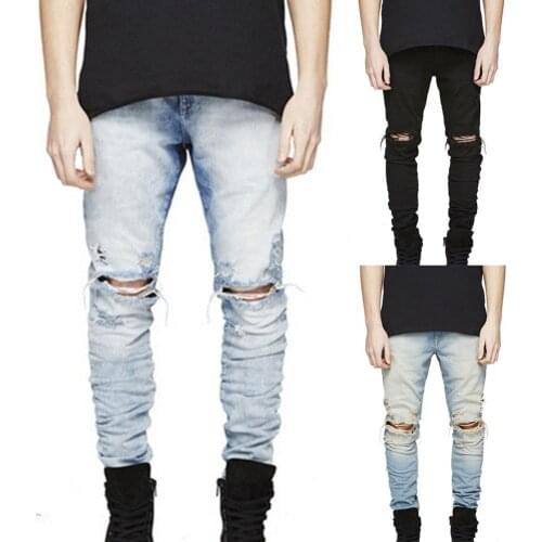 Full Length Jeans Straight Denim Trousers jeans Fashion Men Destroyed Ripped Slim Jeans Skinny Denim Pants Stretch Long Trousers