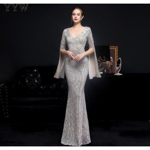Elegant Women Long Evening Dress Fashion Sequined Long Sleeve Bodycon Floor Length Party Dresses V Neck Robe de fiesta Vestidos