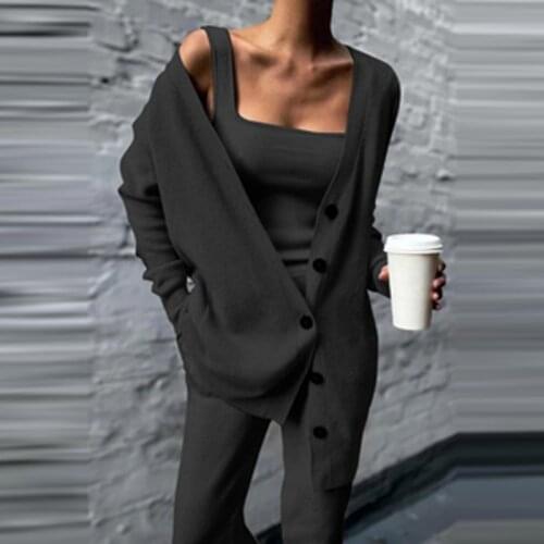 Sexy Single Breasted Long Cardigan 3 Piece Sets Women Square Collar Tops and Skinny Pants Suit Spring Solid Rib Knitted Outfits