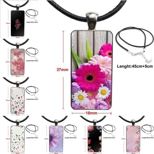 Beautiful Red Lotus Purple Flower For Women Glass Cabochon Pendant Necklace Rectangle Fashion Necklace