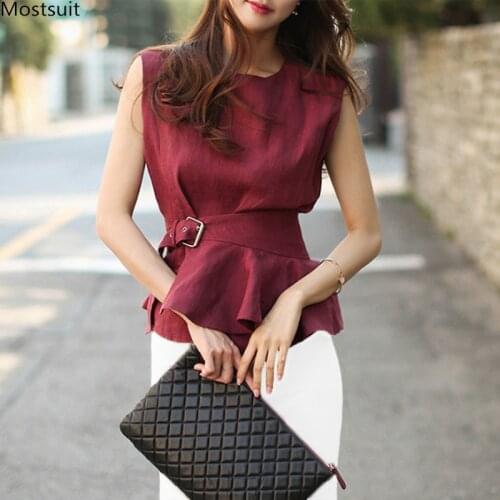 Summer Elegant Cotton Linen Tops Sleeveless Ruffles O-neck Tank Korean Office Lady Outwear 2021