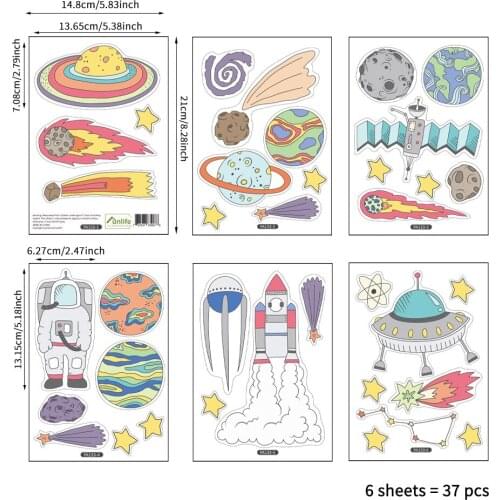Hot 37pcs/set Cartoon Space Rockets Astronaut Wall Sticker PVC Stickers DIY Kids Room Kindergarten Art Mural Decor Children