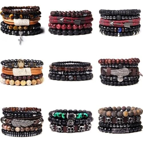 Bracelets Set Natural Healing Energy Labradorite Beads Bracelet Men Black Lava Stone Bangle Silver Color Cross Charm Pulsera Fem