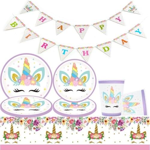 Flower Unicorn Party Theme Pink Birthday Party Decorative Banner Tablecloth Paper Tray Disposable Tableware Set