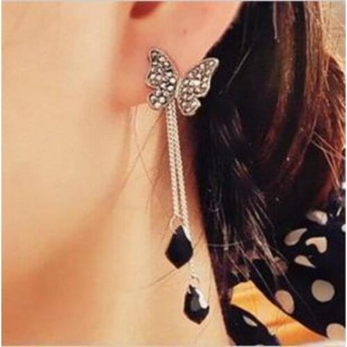 2018 New Personality Fashion Jewelry Butterfly Crystal Earrings Tassel Long Drop Drop Pendant Earrings Female Elegant Earrings