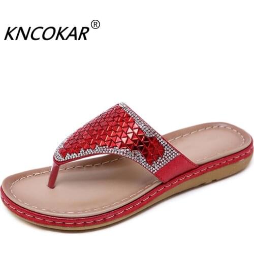 KNCOKAR New 2019 Stylish Fashion Cool Slippers Bohemian Water Drill Large Toe Comfortable Beach Shoes Large size 35-42