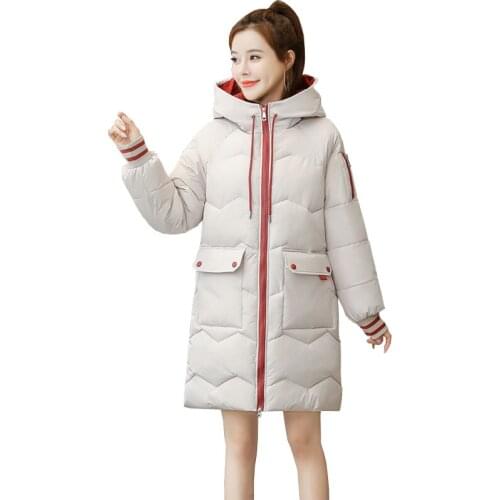Down cotton padded jacket 2020 winter mid length loose thick women parka long sleeve solid zipper straight hooded Female W50