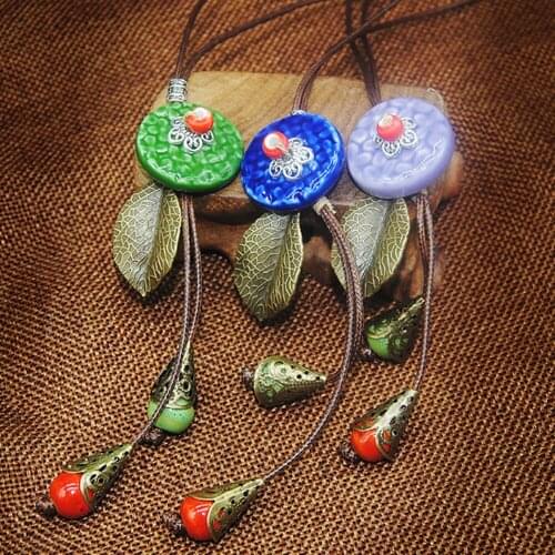 Retro Ethnic style Handmade ceramic bead pendant sweater chain necklace N272