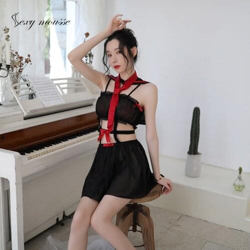 Sexy mousse nightdress for woman lingerie waist sleepwear sailor strap bare chest bow uniform temptation skirt suit nightie