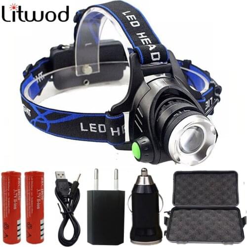 Super Bright Waterproof LED Headlight Rechargeable Head Lamp Zoom Head Lights Lamps 18650 Battery+AC/Car/USB Charger For Fishing