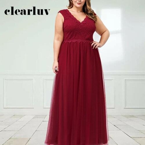 Plus Size V-Neck Eevening Dress DR1571 Lace Patchwork Vestidos De Fiesta Burgundy A-Line Floor-Length Women Party Dresses 2020