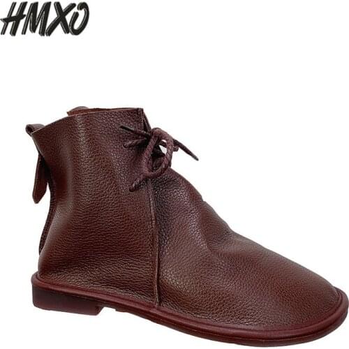 HMXO Ladies Boots Non-slip Leather Soft Autumn Martin Boots Female Casual Round Head All-match British Style Chelsea Boots Femal