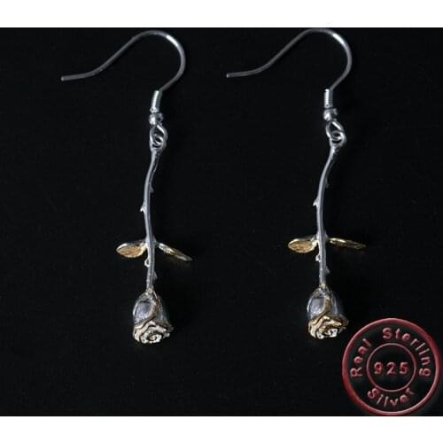 Amxiu 925 Sterling Silver Handmade Rose Flower Dangle Earrings Two Tones Color Jewelry for Women Girls Ear Piercings Accessories