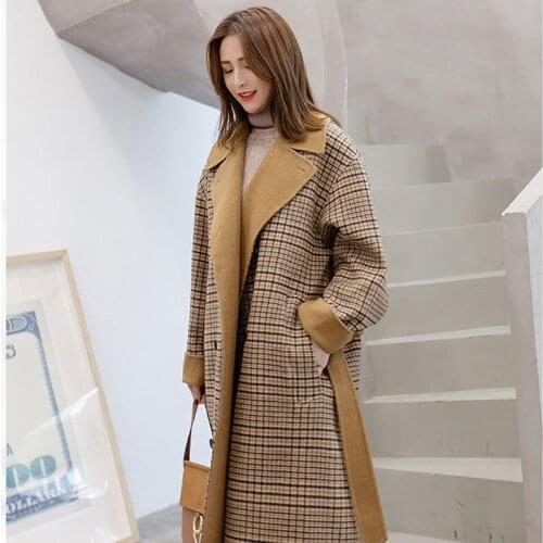 Overcoat Long Plaid Womens Atumn And Winter Double Breasted Extended Knee-length Overcoat Loose Womens Overknee Woolen Trench