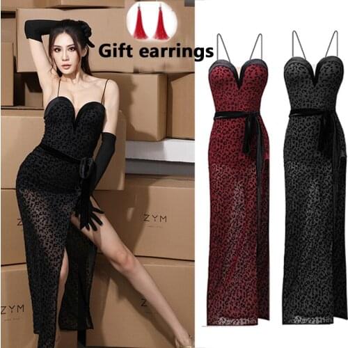 2020 Latin Dance Dress For Women Sexy Suspender Dress Red Leopard Split Salsa Dress Adult Latin Dance Competition Dresses SL4423