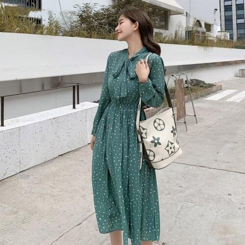 Bella philosophy Bow-neck Polka Dots Female Dress Full Sleeve Elastic Waist Chiffon Pleated Women Dress Midi Vestidos femme