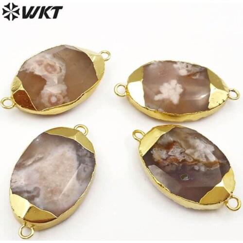 WT-C253 Gold Capped Oval Shape Natural Cherry Stone With Beautiful Pattern Double Loops Connector For Women Jewelry Making