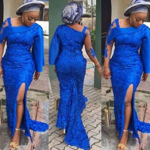 Aso Ebi Nigerian Royal Blue Prom Dresses vestidos de fiesta With Irregular Sleeves One Shoulder Side Slit Formal Evening Gowns