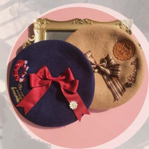 Lolita beret cherry embroidery soft girl Harajuku cute bow woolen hat