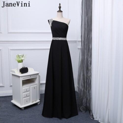 JaneVini Black Chiffon Long Bridesmaid Dresses A Line One Shoulder Sequined Beaded Backless Floor Length Vestidos Largos De Gasa